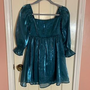 Shiny Aqua Blue Mid Puff Sleeve Babydoll Mini Dress Size Small